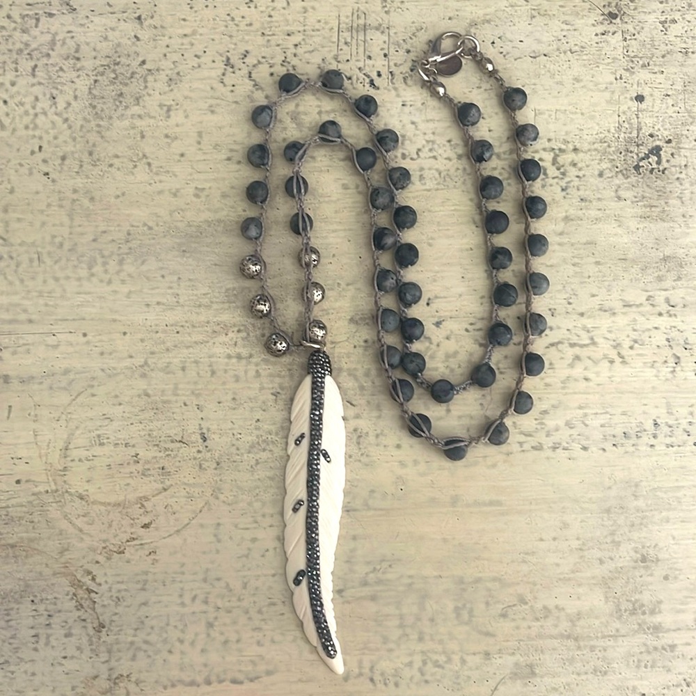 Handmade gemstone necklace with leaf pendant